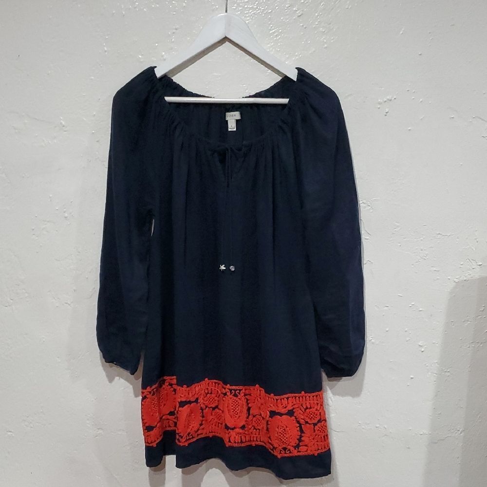 J. Crew 100% Linen Navy Blue Long Sleeve Sundress With Orange Embroidery Size S